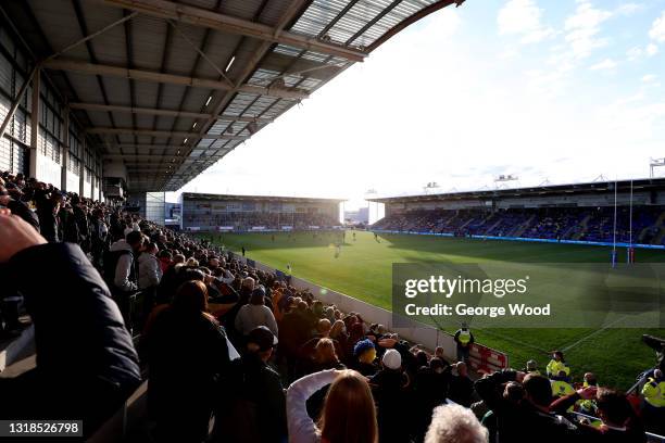 General view of play as spectators watch from the stands during the Betfred Super League match between Warrington Wolves and Huddersfield Giants at...