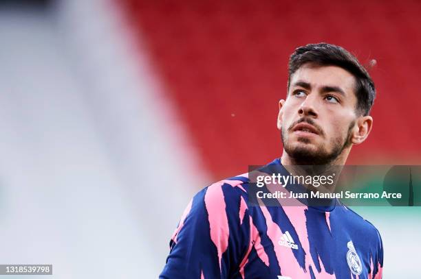 Diego Altube of Real Madrid warms up during the La Liga Santander match between Athletic Club and Real Madrid at Estadio de San Mames on May 16, 2021...