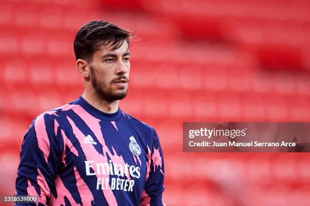 Diego Altube of Real Madrid warms up during the La Liga Santander match between Athletic Club and Real Madrid at Estadio de San Mames on May 16, 2021...