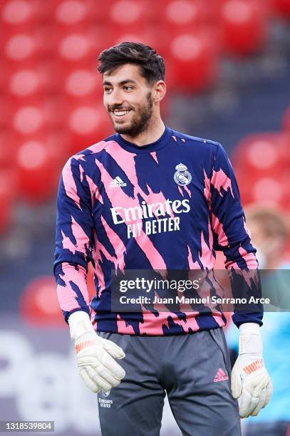 Diego Altube of Real Madrid warms up during the La Liga Santander match between Athletic Club and Real Madrid at Estadio de San Mames on May 16, 2021...