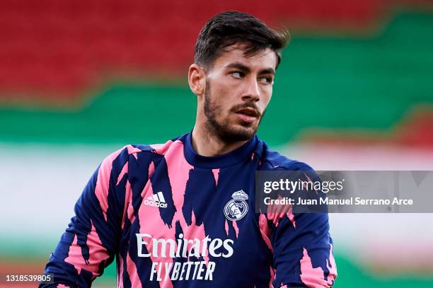 Diego Altube of Real Madrid warms up during the La Liga Santander match between Athletic Club and Real Madrid at Estadio de San Mames on May 16, 2021...