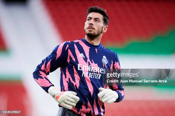 Diego Altube of Real Madrid warms up during the La Liga Santander match between Athletic Club and Real Madrid at Estadio de San Mames on May 16, 2021...