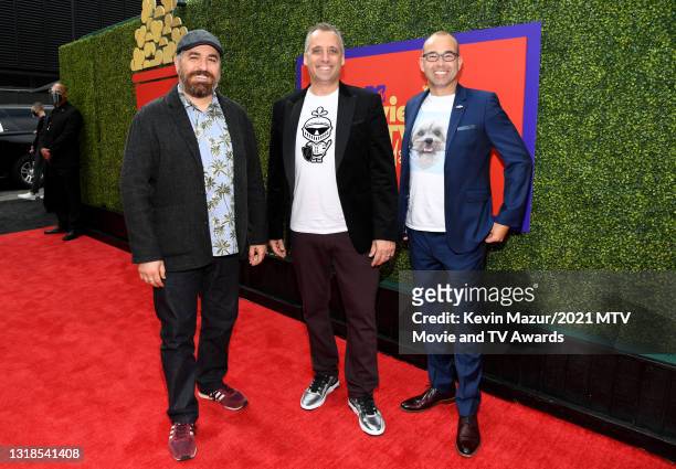 In this image released on May 17, Brian Quinn, Joe Gatto, and James Murray attend the 2021 MTV Movie & TV Awards: UNSCRIPTED in Los Angeles,...