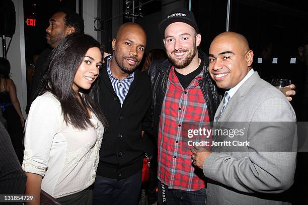 Sharon Carpenter, DJ D-Nice, Alex Masnyk and Paul Estevez attend a Hennessey Black party to celebrate DJ D-Nice signing to Roc Nation DJ's at The...