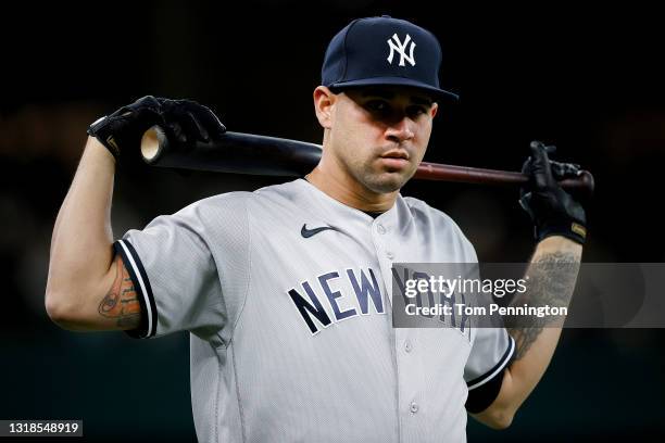 Gary Sanchez of the New York Yankees stretches while preparing to take on the Texas Rangers at Globe Life Field on May 17, 2021 in Arlington, Texas.