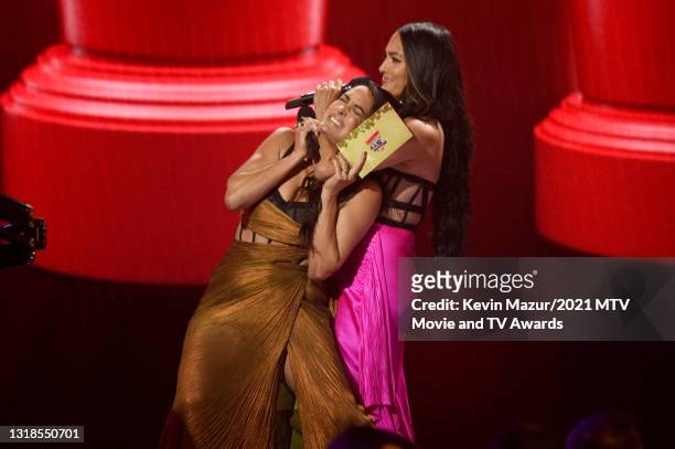 In this image released on May 17, Nikki Bella and Brie Bella onstage during the 2021 MTV Movie & TV Awards: UNSCRIPTED in Los Angeles, California.