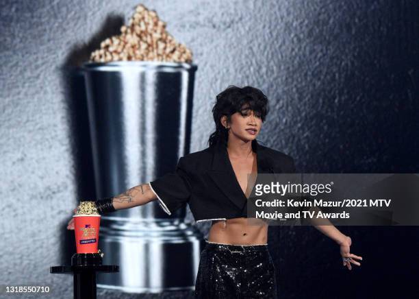 In this image released on May 17, Bretman Rock accepts Breakthrough Social Star onstage during the 2021 MTV Movie & TV Awards: UNSCRIPTED in Los...