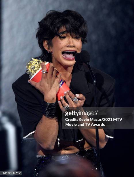 In this image released on May 17, Bretman Rock accepts Breakthrough Social Star onstage during the 2021 MTV Movie & TV Awards: UNSCRIPTED in Los...