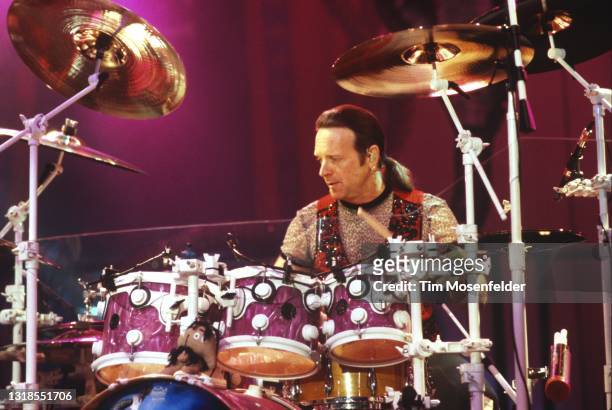 Joey Kramer of Aerosmith performs at Shoreline Amphitheatre on October 16, 1997 in Mountain View, California.