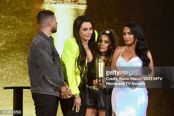 In this image released on May 17, Vinny Guadagnino, Jenni "JWOWW" Farley, Nicole "Snooki" Polizzi, and Angelina Pivarnick accept the Reality Royalty...