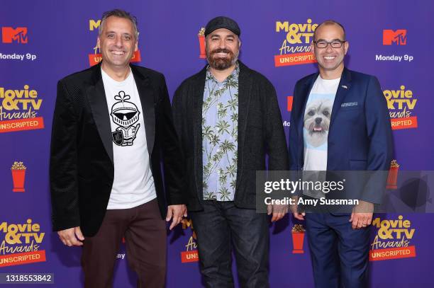 In this image released on May 17, Joe Gatto, Brian Quinn and James Murray attend the 2021 MTV Movie & TV Awards: UNSCRIPTED in Los Angeles,...