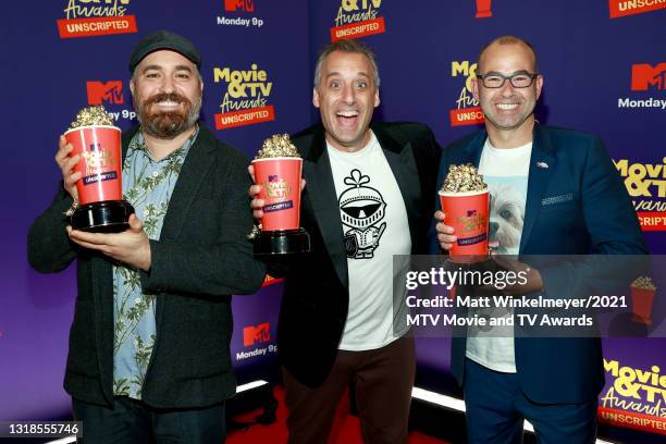 In this image released on May 17, Brian Quinn, Joe Gatto, and James Murray, winners of Best Comedy / Game Show for "Impractical Jokers", pose...