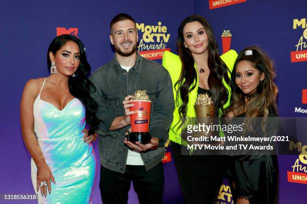 In this image released on May 17, Angelina Pivarnick, Vinny Guadagnino, Jenni "JWOWW" Farley, and Nicole "Snooki" Polizzi, winners of the Reality...