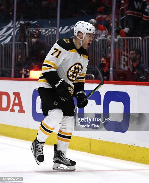 Taylor Hall of the Boston Bruins celebrates his goal to tie the game in the third period against the Washington Capitals in Game Two of the First...