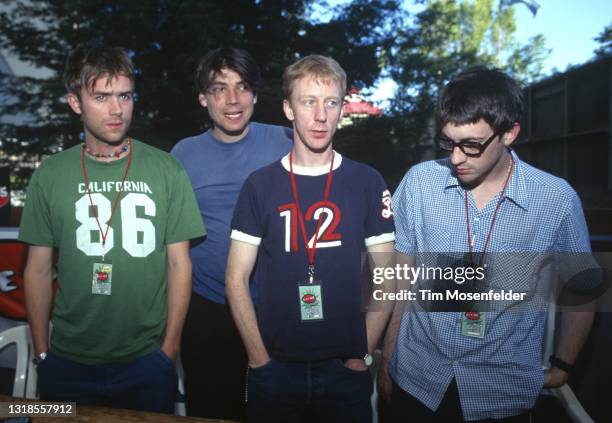 Damon Albarn, Alex James, Dave Rowntree, and Graham Coxon of Blur pose during Live 105's BFD at Shoreline Amphitheatre on June 13, 1997 in Mountain...