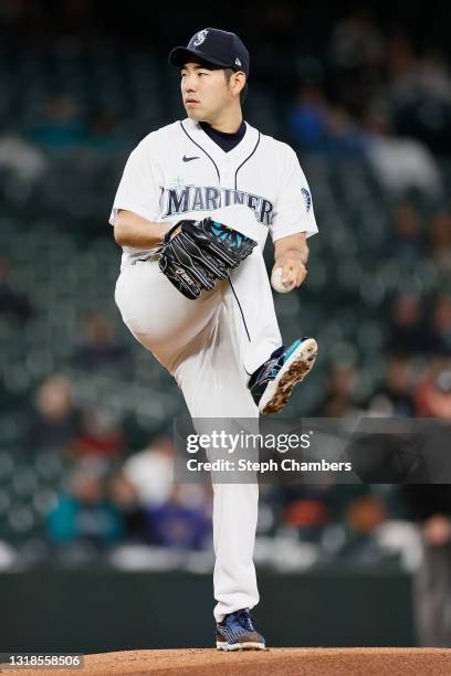 Yusei Kikuchi of the Seattle Mariners pitches during the first inning against the Detroit Tigers at T-Mobile Park on May 17, 2021 in Seattle,...
