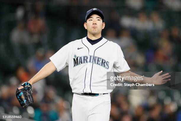 Yusei Kikuchi of the Seattle Mariners reacts after a walk against the Detroit Tigers during the first inning at T-Mobile Park on May 17, 2021 in...
