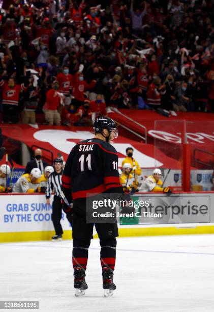 Jordan Staal of the Carolina Hurricanes celebrates following a goal against the Nashville Predators during the third period in Game One of the First...