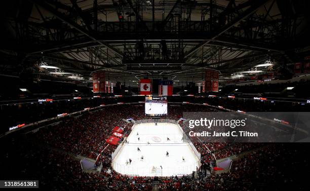 General view of the action between the Carolina Hurricanes and the Nashville Predators during the third period in Game One of the First Round of the...