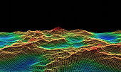 3D topographic wireframe. Colored level map.