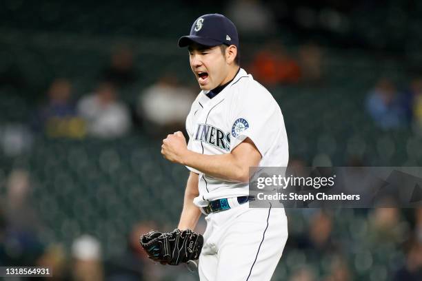 Yusei Kikuchi of the Seattle Mariners reacts after a strikeout during the sixth inning against the Detroit Tigers at T-Mobile Park on May 17, 2021 in...