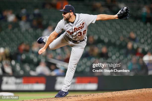 Michael Fulmer of the Detroit Tigers pitches during the ninth inning against the Seattle Mariners at T-Mobile Park on May 17, 2021 in Seattle,...