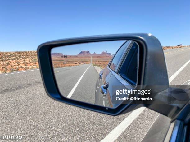 shot of valley of the gods from the side mirror of a car - side mirror stock pictures, royalty-free photos & images