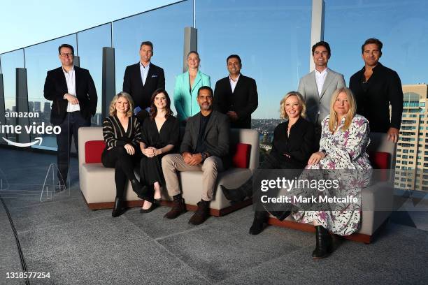 Kieren Perkins, Grant Hackett, Tayla Harris, Michael O’Loughlin, Rebecca Gibney, Bruna Papandrea and Hugh Sheridan pose with executives during the...