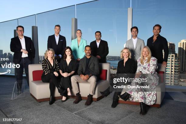 Kieren Perkins, Grant Hackett, Tayla Harris, Michael O’Loughlin, Rebecca Gibney, Bruna Papandrea and Hugh Sheridan pose during the Amazon Video Media...