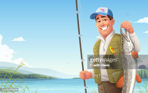 ilustrações, clipart, desenhos animados e ícones de pescador no lago apresentando big pike - boné de beisebol
