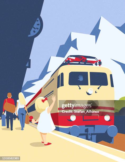 girl waving at the train on the mountain train station - railway station stock illustrations