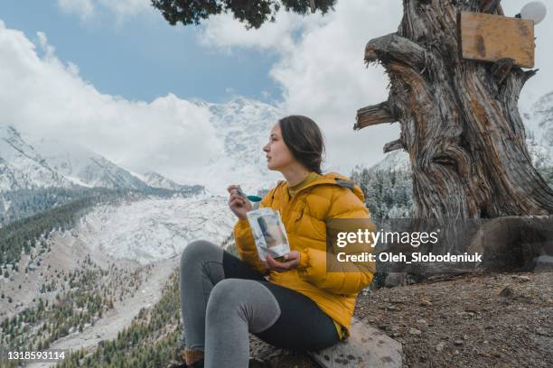 vrouw die droge maaltijd dichtbij nanga parbat eet - gedroogd voedsel stockfoto's en -beelden