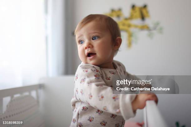 a 1 year old baby girl in her cradle - ein weibliches baby allein stock-fotos und bilder