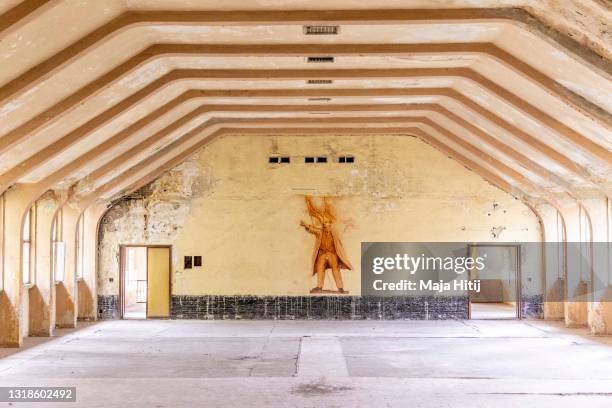 Drawing of Russian revolutionary leader Vladimir Ilyich Lenin can be seen on the wall of the main amphitheatre in the abandoned Hindenburghaus...