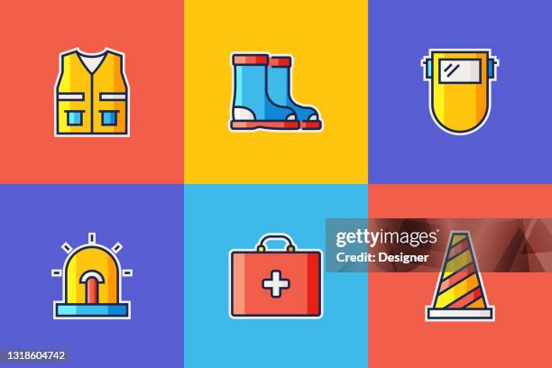 work safety related flat line icons. vector symbol illustration. - construction inspector stock illustrations