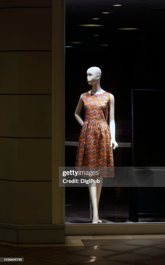 Female like mannequin in a closed clothing store
