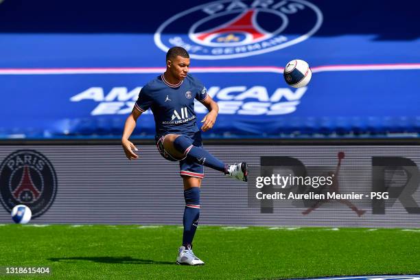 Kylian Mbappe controls the ball as the Paris Saint-Germain unveils the new Jordan kit on May 17, 2021 in Paris, France.