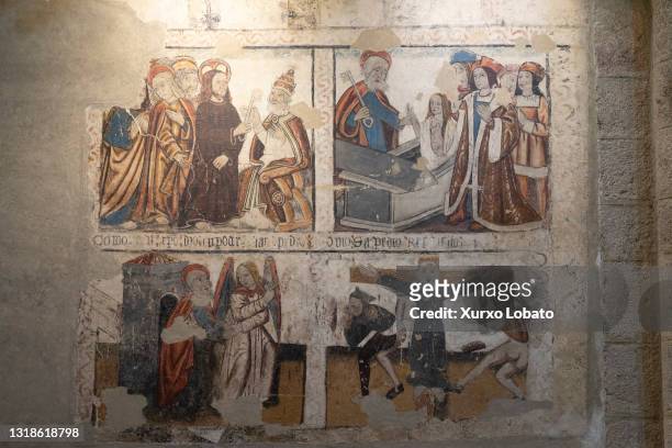 Medieval paintings inside the central nave, seen on May 17 Mondoñedo, Galicia, Spain.