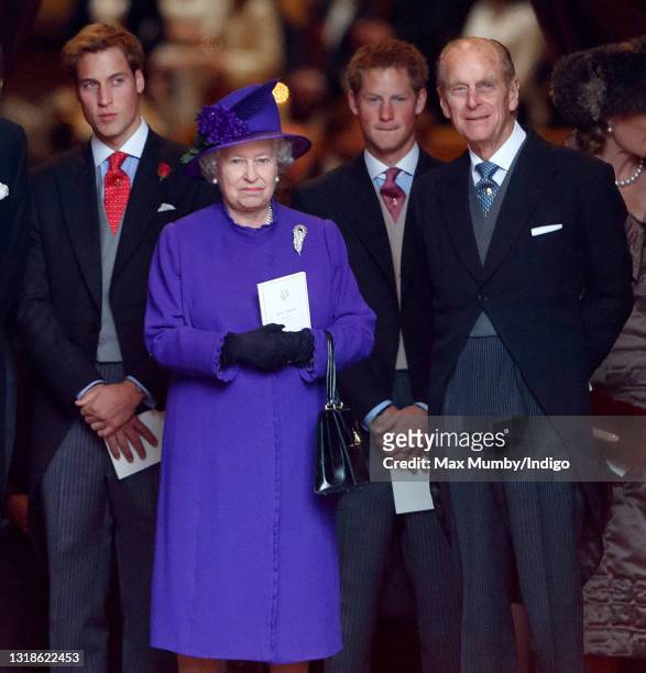 Prince William, Queen Elizabeth II, Prince Harry and Prince Philip, Duke of Edinburgh attend the wedding of Edward van Cutsem and Lady Tamara...
