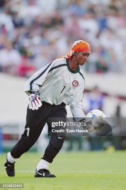 Ann Chiejine, Goalkeeper for Nigeria prepares to kick the football down field football during the Group A match of the FIFA Women's World Cup against...