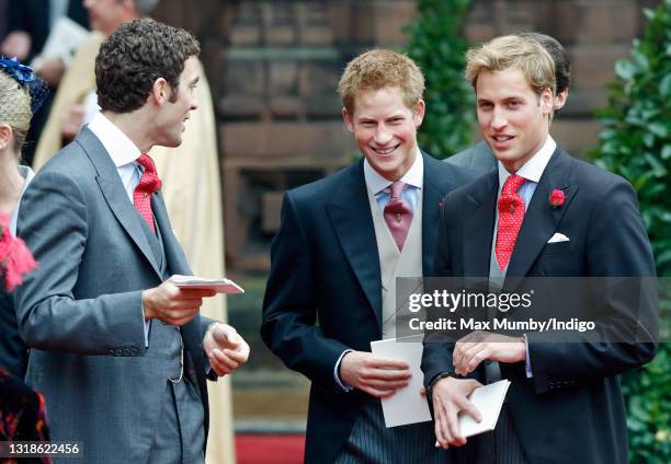 Hugh van Cutsem, Prince Harry and Prince William attend the wedding of Edward van Cutsem and Lady Tamara Grosvenor at Chester Cathedral on November...