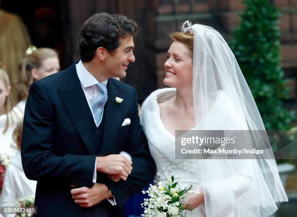 Edward van Cutsem and Lady Tamara Grosvenor leave Chester Cathedral following their wedding on November 6, 2004 in Chester, England. Edward van...