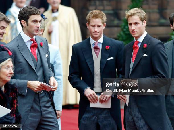 Hugh van Cutsem, Prince Harry and Prince William attend the wedding of Edward van Cutsem and Lady Tamara Grosvenor at Chester Cathedral on November...