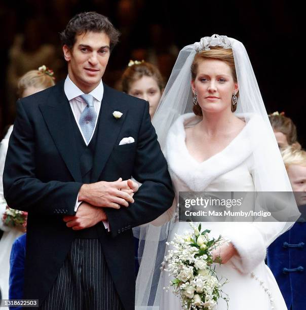 Edward van Cutsem and Lady Tamara Grosvenor leave Chester Cathedral following their wedding on November 6, 2004 in Chester, England. Edward van...