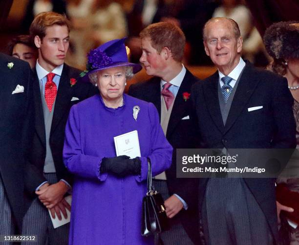 Prince William, Queen Elizabeth II, Prince Harry and Prince Philip, Duke of Edinburgh attend the wedding of Edward van Cutsem and Lady Tamara...