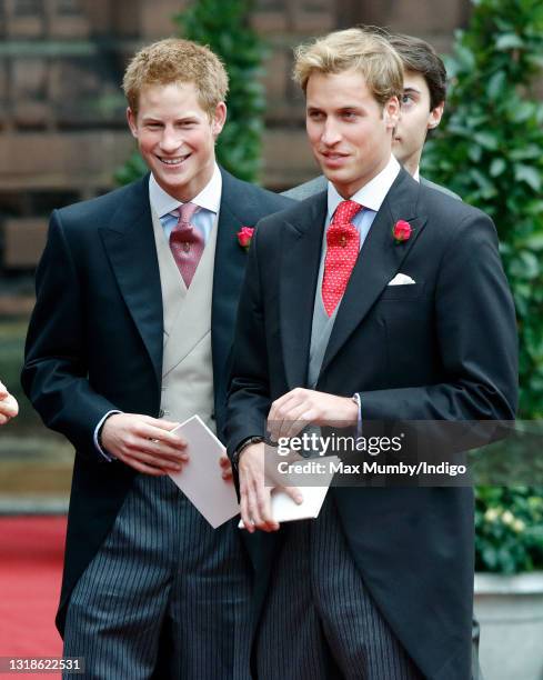 Prince Harry and Prince William attend the wedding of Edward van Cutsem and Lady Tamara Grosvenor at Chester Cathedral on November 6, 2004 in...