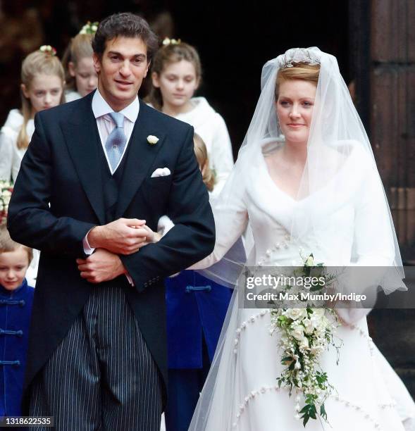 Edward van Cutsem and Lady Tamara Grosvenor leave Chester Cathedral following their wedding on November 6, 2004 in Chester, England. Edward van...