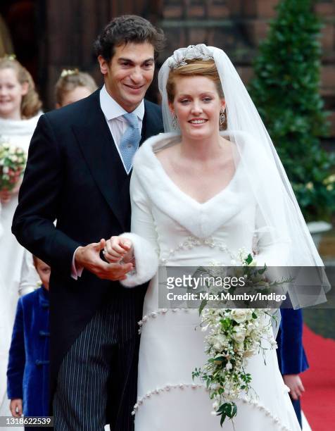 Edward van Cutsem and Lady Tamara Grosvenor leave Chester Cathedral following their wedding on November 6, 2004 in Chester, England. Edward van...
