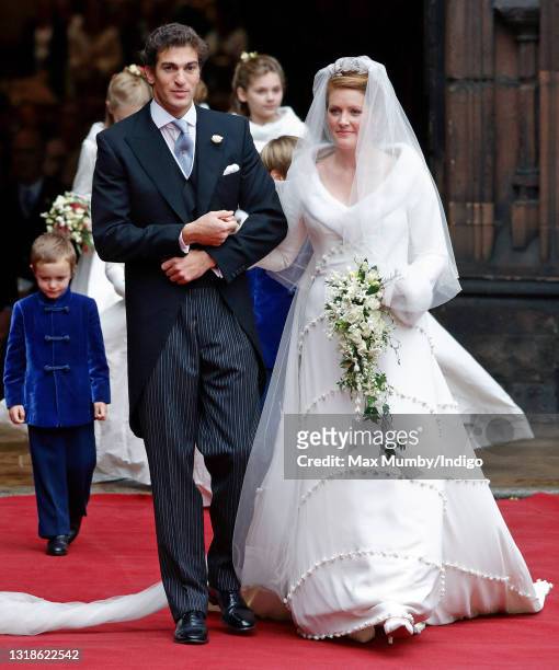 Edward van Cutsem and Lady Tamara Grosvenor leave Chester Cathedral following their wedding on November 6, 2004 in Chester, England. Edward van...