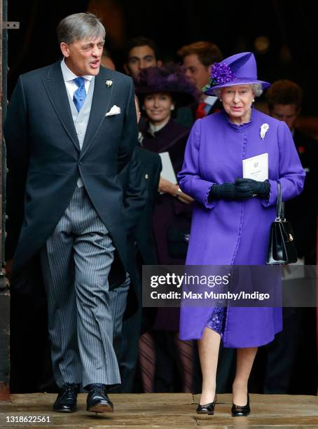 Gerald Grosvenor, 6th Duke of Westminster and Queen Elizabeth II attend the wedding of his daughter Lady Tamara Grosvenor and Edward van Cutsem at...